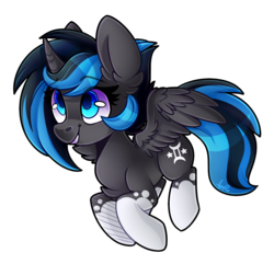 Size: 1700x1637 | Tagged: safe, artist:shyshyoctavia, oc, oc only, oc:ebony, alicorn, pony, curved horn, female, flying, horn, mare, simple background, solo, transparent background