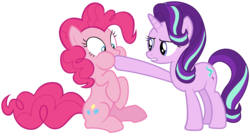 Size: 16500x9000 | Tagged: safe, artist:tardifice, pinkie pie, starlight glimmer, every little thing she does, g4, absurd resolution, best friends, do you mind?, hoof in mouth, puffy cheeks, simple background, sitting, transparent background, vector, wide eyes