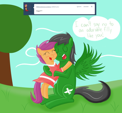 Size: 1280x1182 | Tagged: safe, artist:hummingway, scootaloo, oc, oc:feather hummingway, pegasus, pony, ask-humming-way, g4, canon x oc, clothes, dialogue, hug, scootalove, sitting, speech bubble, tumblr