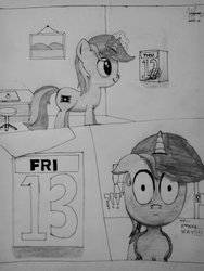 Size: 1536x2048 | Tagged: dead source, safe, artist:php142, oc, oc only, oc:purple flix, pony, comic, friday the 13th, grayscale, monochrome, solo, traditional art