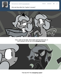 Size: 666x830 | Tagged: safe, artist:egophiliac, princess luna, oc, oc:imogen, oc:pebbl, changeling, changeling queen, moonstuck, g4, cartographer's cap, changeling oc, changeling queen oc, female, filly, green fire, hat, marauder's mantle, monochrome, moon roc, partial color, transformation, woona, younger