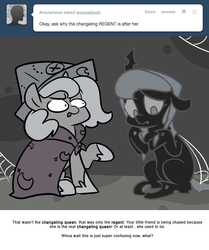 Size: 666x795 | Tagged: safe, artist:egophiliac, princess luna, oc, oc:exuvia, oc:imogen, changeling, changeling queen, moonstuck, g4, cartographer's cap, changeling oc, changeling queen oc, dungeon, female, filly, grayscale, hat, marauder's mantle, monochrome, spider web, woona, woonoggles, younger