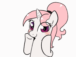 Size: 800x600 | Tagged: safe, artist:haden-2375, oc, oc only, oc:candy blossom, pony, unicorn, animated, blushing, cute, female, frame by frame, gif, looking at you, mare, ocbetes, open mouth, ponytail, simple background, smiling, solo, squishy cheeks