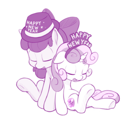 Size: 1041x1000 | Tagged: safe, artist:dstears, apple bloom, sweetie belle, earth pony, pony, g4, apple bloom's bow, cute, cutie mark, duo, happy new year, happy new year 2017, hat, monochrome, simple background, sleeping, the cmc's cutie marks, tired, trilby, underhoof