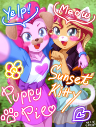 Size: 902x1200 | Tagged: safe, artist:uotapo, pinkie pie, sunset shimmer, human, equestria girls, g4, behaving like a cat, behaving like a dog, blushing, bracelet, cat ears, clothes, cute, diapinkes, dog ears, duo, duo female, female, hnnng, jacket, jewelry, moe, nyanset shimmer, open mouth, puppy pie, selfie, shimmerbetes, skirt, smiling, snapchat, snapchat filter