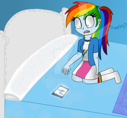 Size: 1024x960 | Tagged: safe, artist:rai2n, rainbow dash, human, fanfic:online infatuations, equestria girls, g4, bed, fanfic, fanfic art, female, implied soarin', implied soarindash, phone, smartphone, watermark