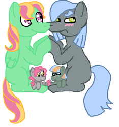 Size: 476x508 | Tagged: safe, artist:glamgoria-morose, oc, oc only, oc:silicon glass, oc:windflower, earth pony, pegasus, pony, blushing, gay, magical gay spawn, male, missing cutie mark, ms paint, offspring, parent:limestone pie, parent:sunflower, parent:zephyr breeze, parents:canon x oc, parents:zephyrflower, simple background, sitting, tsundere, white background