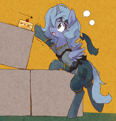 Size: 880x922 | Tagged: safe, artist:kolshica, princess luna, pony, ask snake luna, g4, bipedal, cake, clothes, female, food, looking up, metal gear, nervous, open mouth, raised hoof, s1 luna, solo, spread wings