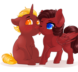 Size: 2834x2638 | Tagged: safe, artist:schokocream, oc, oc only, oc:firebrand, oc:ink rose, pegasus, pony, unicorn, blushing, colt, duo, female, filly, heart eyes, high res, horn, licking, male, mare, oc x oc, pegasus oc, shipping, simple background, stallion, tongue out, unicorn oc, white background, wingding eyes, wings