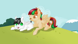 Size: 1188x672 | Tagged: safe, artist:schokocream, oc, oc only, oc:gentle feather, oc:lightning bliss, pegasus, pony, colt, duo, female, filly, lying down, male, mare, one eye closed, outdoors, pegasus oc, prone, wings, wink