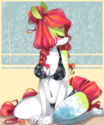 Size: 2872x3448 | Tagged: safe, artist:tamyarts, oc, oc only, earth pony, anthro, bikini, clothes, eyes closed, female, high res, kneeling, mare, solo, swimsuit