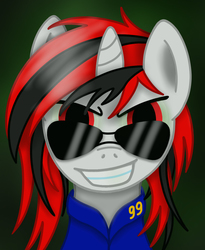 Size: 1080x1318 | Tagged: safe, artist:steam-loco, oc, oc only, oc:blackjack, pony, unicorn, fallout equestria, fallout equestria: project horizons, deal with it, female, looking at you, mare, solo, sunglasses