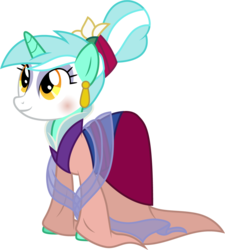 Size: 1001x1113 | Tagged: safe, artist:cloudy glow, lyra heartstrings, pony, unicorn, g4, alternate hairstyle, clothes, clothes swap, cosplay, costume, crossover, disney, ear piercing, earring, female, historical chinese clothing, jewelry, makeup, mulan, piercing, simple background, smiling, solo, transparent background, vector
