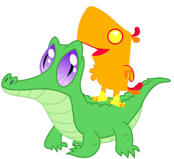 Size: 786x717 | Tagged: safe, artist:red4567, gummy, peewee, alligator, phoenix, g4, baby phoenix, cute, duo, peeweebetes, pets riding pets, phoenix chick, rider, riding, simple background, white background