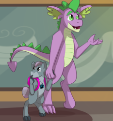 Size: 2048x2200 | Tagged: safe, artist:percy-mcmurphy, spike, oc, oc:greyscale, dracony, hybrid, g4, duo, high res, interspecies offspring, offspring, older, older spike, parent:silver spoon, parent:spike, parents:silverspike