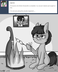 Size: 1920x2389 | Tagged: safe, artist:dsp2003, oc, oc only, oc:tjpones, earth pony, pony, ask, black and white, disco, disco inferno, fire, food, grayscale, i can't believe it's not tjpones, male, marshmallow, monochrome, ponysona, style emulation, tumblr, vacuum burner, vacuum cleaner