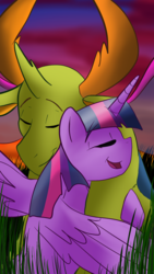 Size: 1080x1920 | Tagged: safe, artist:percy-mcmurphy, thorax, twilight sparkle, alicorn, changedling, changeling, pony, g4, to where and back again, :t, duo, eyes closed, grass, hug, king thorax, male, open mouth, ship:twirax, shipping, smiling, spread wings, straight, twilight sparkle (alicorn)