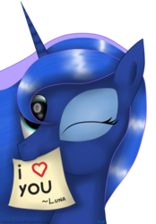 Size: 1629x2338 | Tagged: safe, artist:victoria-luna, princess luna, pony, g4, female, heart, looking at you, note, one eye closed, simple background, solo, transparent background, wink