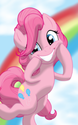 Size: 1200x1920 | Tagged: safe, artist:theroyalprincesses, pinkie pie, earth pony, pony, g4, bipedal, female, grin, hooves on face, rainbow, smiling, solo, squishy cheeks