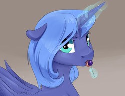 Size: 1280x989 | Tagged: safe, artist:silfoe, princess luna, alicorn, pony, royal sketchbook, g4, candy, female, floppy ears, food, frown, licking, lollipop, looking at you, luna is not amused, magic, mare, s1 luna, solo, telekinesis, tongue out