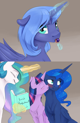 Size: 1280x1978 | Tagged: safe, artist:silfoe, princess celestia, princess luna, twilight sparkle, alicorn, pony, royal sketchbook, g4, blushing, book, candy, cheek kiss, cute, eyes closed, female, filly, floppy ears, food, frown, kissing, laughing, lesbian, licking, lollipop, looking at you, lunabetes, magic, pouting, s1 luna, scrapbook, ship:twiluna, shipping, silfoe is trying to murder us, smiling, telekinesis, tongue out, twilight sparkle (alicorn), woona, younger