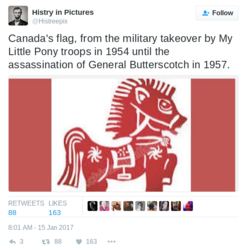 Size: 603x608 | Tagged: safe, artist:histreepix, oc, oc only, oc:general butterscotch, pony, 1950s, alternate history, alternate timeline, assassination, bridle, canada, fake, fake history, flag, parody, saddle, solo, stirrups, tack, text, twitter, wat