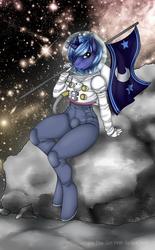 Size: 595x960 | Tagged: safe, artist:space-hair, princess luna, anthro, unguligrade anthro, g4, astronaut, female, flag, moon, s1 luna, solo, space, spacesuit