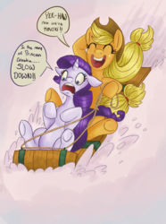 Size: 1000x1344 | Tagged: safe, artist:rarijack-countrycouture, applejack, rarity, g4, dialogue, ears back, eyes closed, fast, female, lesbian, open mouth, scared, ship:rarijack, shipping, sled, smiling, snow, underhoof