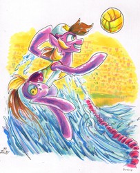 Size: 4655x5742 | Tagged: safe, artist:jowyb, oc, oc only, oc:corduroy road, earth pony, pony, absurd resolution, ball, canterlot, clothes, commission, cutie mark, determined, hat, jumping, male, marker drawing, one-piece swimsuit, polo, solo, sports, swimming cap, swimsuit, traditional art, water, wave, wet, wet mane