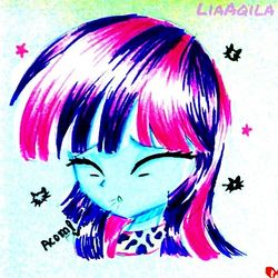 Size: 480x480 | Tagged: safe, artist:liaaqila, mystery mint, equestria girls, g4, background human, female, sneezing, solo, traditional art