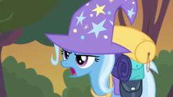 Size: 1280x720 | Tagged: safe, screencap, trixie, pony, g4, to where and back again, female, mare, open mouth, solo, trixie's hat