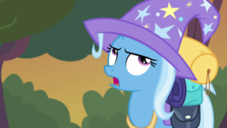 Size: 1280x720 | Tagged: safe, screencap, trixie, pony, g4, to where and back again, eyeroll, female, lidded eyes, mare, open mouth, solo, trixie's hat