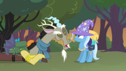 Size: 1280x720 | Tagged: safe, screencap, discord, trixie, pony, unicorn, g4, to where and back again, annoyed, crossed arms, duo, female, lidded eyes, looking at each other, mare, open mouth, spread wings, trixie's hat