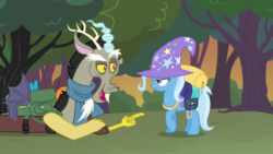 Size: 1280x720 | Tagged: safe, screencap, discord, trixie, pony, unicorn, g4, to where and back again, annoyed, crossed arms, female, lidded eyes, looking at each other, mare, open mouth, raised hoof, trixie's hat