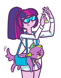 Size: 679x869 | Tagged: safe, artist:mcponyponypony, sci-twi, spike, spike the regular dog, twilight sparkle, dog, equestria girls, g4, clothes, dropper, duo, goggles, lab coat, purse, safety goggles, science, simple background, white background