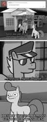 Size: 934x2400 | Tagged: safe, artist:thepristineeye, oc, oc only, oc:intern, earth pony, pony, 3d, anotherdamnponyaskblog, ask, behind, blender, comic, dialogue, grayscale, mailpony, monochrome, post office, pun, text, tumblr, x intensifies