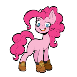 Size: 700x700 | Tagged: safe, artist:unoriginalcharacterpleasesteal, pinkie pie, earth pony, pony, g4, boots, female, looking down, mare, missing cutie mark, open mouth, open smile, simple background, smiling, solo, timberland boots, white background