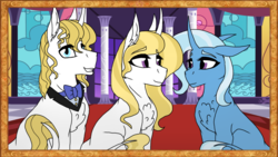 Size: 1365x768 | Tagged: safe, artist:katpocketmonster, prince blueblood, trixie, oc, classical unicorn, pony, unicorn, g4, chest fluff, female, floppy ears, horn, leonine tail, looking at you, male, mare, offspring, parent:prince blueblood, parent:trixie, parents:bluetrix, ship:bluetrix, shipping, sitting, smiling, straight