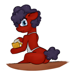 Size: 1650x1756 | Tagged: safe, artist:marsminer, oc, oc only, earth pony, pony, apron, beer stein, butt, clothes, dock, floppy ears, looking at you, looking back, plot, shy, simple background, sitting, solo, waitress, white background