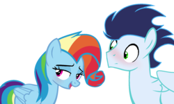 Size: 1440x864 | Tagged: safe, artist:skylaph, rainbow dash, soarin', pony, g4, newbie dash, blushing, male, outline, rainbow fash, ship:soarindash, shipping, simple background, straight, transparent background