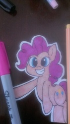 Size: 1840x3264 | Tagged: safe, artist:davierocket, pinkie pie, earth pony, pony, craft, female, grin, irl, mare, marker, marker drawing, paper child, papercraft, photo, smiling, solo, table, traditional art