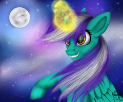 Size: 1024x853 | Tagged: safe, artist:starmoonlightfox, oc, oc only, alicorn, pony, alicorn oc, female, glowing horn, horn, mare, moon, night, night sky, solo