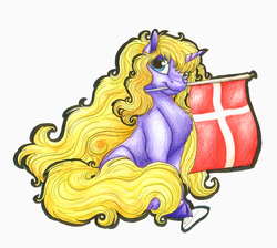 Size: 2595x2329 | Tagged: safe, artist:lupiarts, oc, oc only, pony, unicorn, danish flag, denmark, flag, high res, simple background, solo, traditional art, white background