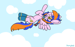 Size: 1280x800 | Tagged: safe, artist:stormydoods, oc, oc only, oc:thunderwave, pony, clothes, cloud, flying, goggles, socks, solo