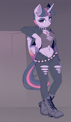 Size: 1093x1868 | Tagged: safe, artist:evehly, twilight sparkle, alicorn, anthro, plantigrade anthro, g4, alternate hairstyle, belly button, belt, boots, choker, clothes, collar, colored wings, colored wingtips, ear piercing, earring, female, frown, jeans, jewelry, leaning, lidded eyes, looking at you, midriff, multicolored wings, necklace, pants, piercing, punk, solo, thug life, torn clothes, twilight sparkle (alicorn), wip