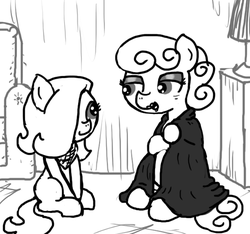 Size: 640x600 | Tagged: safe, artist:ficficponyfic, oc, oc only, oc:emerald jewel, earth pony, pony, colt quest, bandana, blank flank, blanket, child, colt, couch, eyeshadow, female, foal, hair over one eye, lamp, lipstick, makeup, male, mare, monochrome, story included