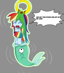 Size: 1808x2056 | Tagged: artist needed, safe, rainbow dash, fish, equestria girls, g4, angry, armpits, arms in the air, bandeau, belly button, bondage, breasts, cleavage, crossover, eyes closed, female, maiden fish, midriff, shantae, shantae: half-genie hero, solo, tied
