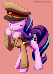 Size: 714x1000 | Tagged: safe, artist:acersiii, starlight glimmer, pony, unicorn, g4, clothes, communism, cute, equality, female, glimmerbetes, hat, looking at you, mare, one eye closed, raised hoof, red background, simple background, smiling, solo, stalin glimmer, the great dictator, uniform, wink