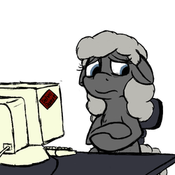 Size: 600x600 | Tagged: safe, oc, oc only, oc:nadine, earth pony, pony, series:entrapment, adult, color, computer, cutie mark, disappointed, experimental cyoa, female, floppy ears, keyboard, knife, mare, reaction, solo