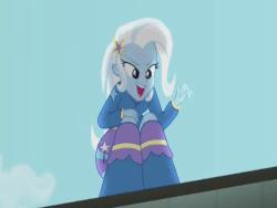 Size: 600x450 | Tagged: safe, screencap, trixie, equestria girls, g4, my little pony equestria girls: rainbow rocks, animated, boots, cropped, female, gif, hand, high heel boots, loop, solo, squatting, waving